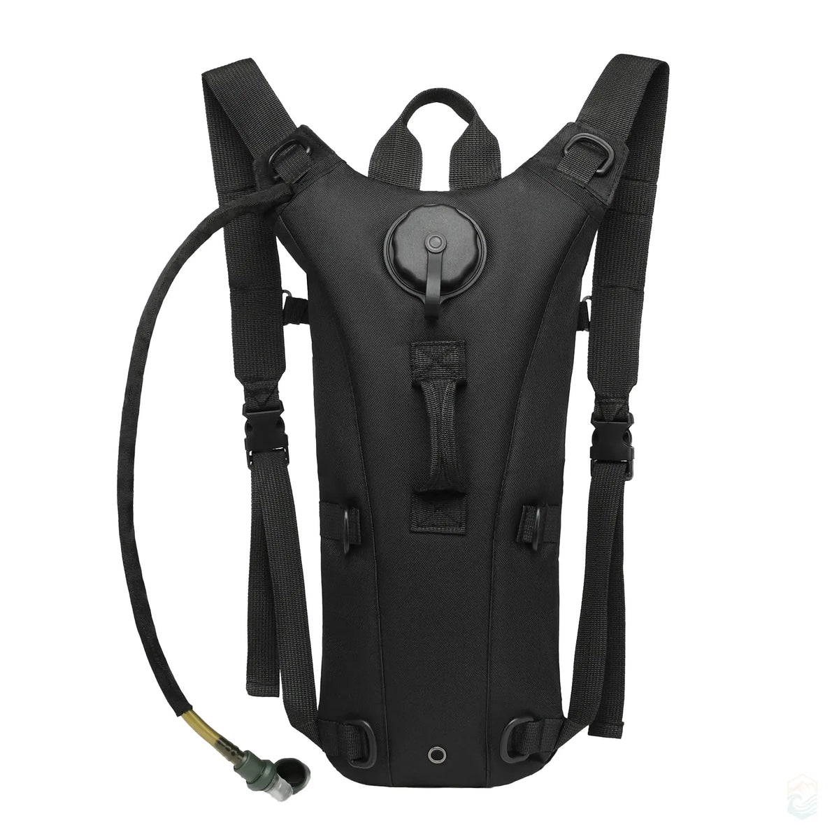 Black tactical hydration pack with 3L leakproof water bladder, featuring durable shoulder straps and a secure hose attachment.