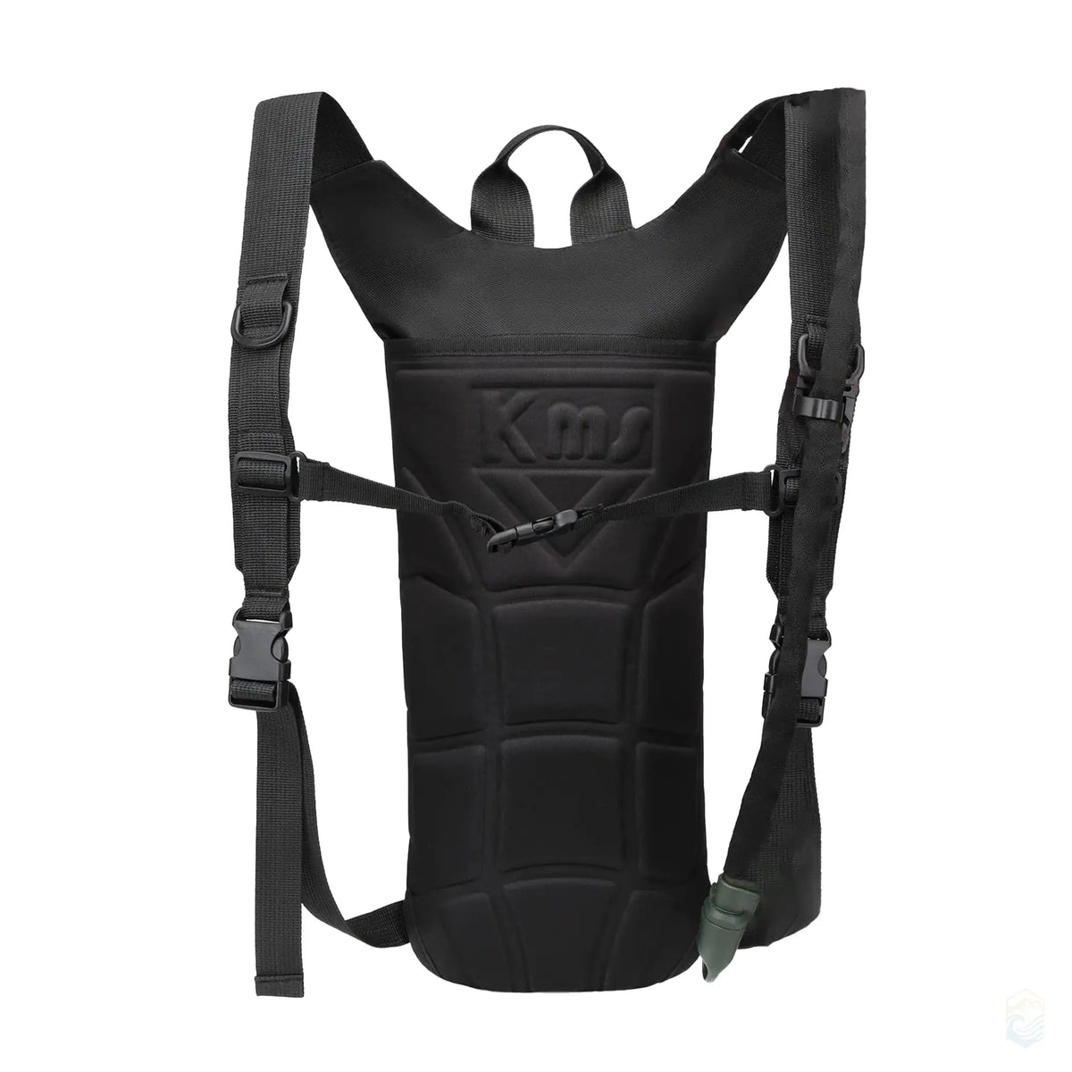 Black tactical hydration pack with detailed features highlighted, including fixed hose clamp, adjustable sternum strap, zippered top opening, and foam back panel.