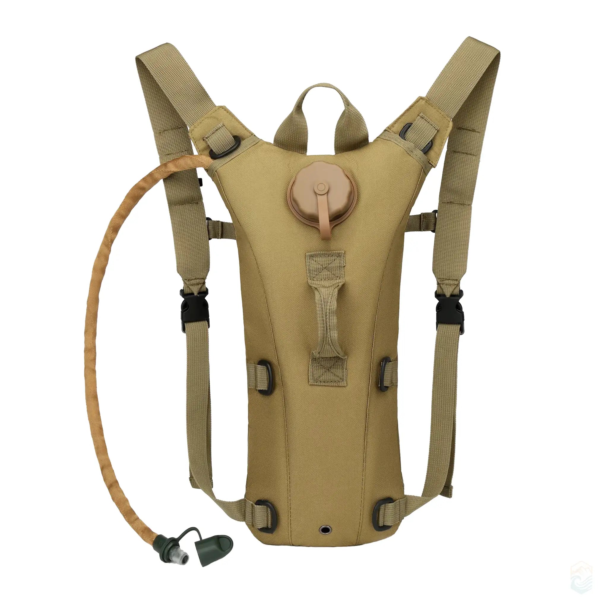 Khaki tactical hydration pack with 3L leakproof water bladder, featuring durable shoulder straps and a secure hose attachment.