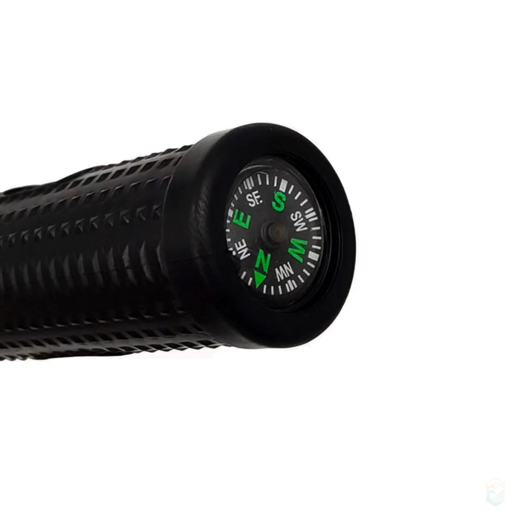 Close-up of black survival shovel handle with built-in directional compass, featuring textured grip and integrated navigation tool for outdoor camping and emergency use