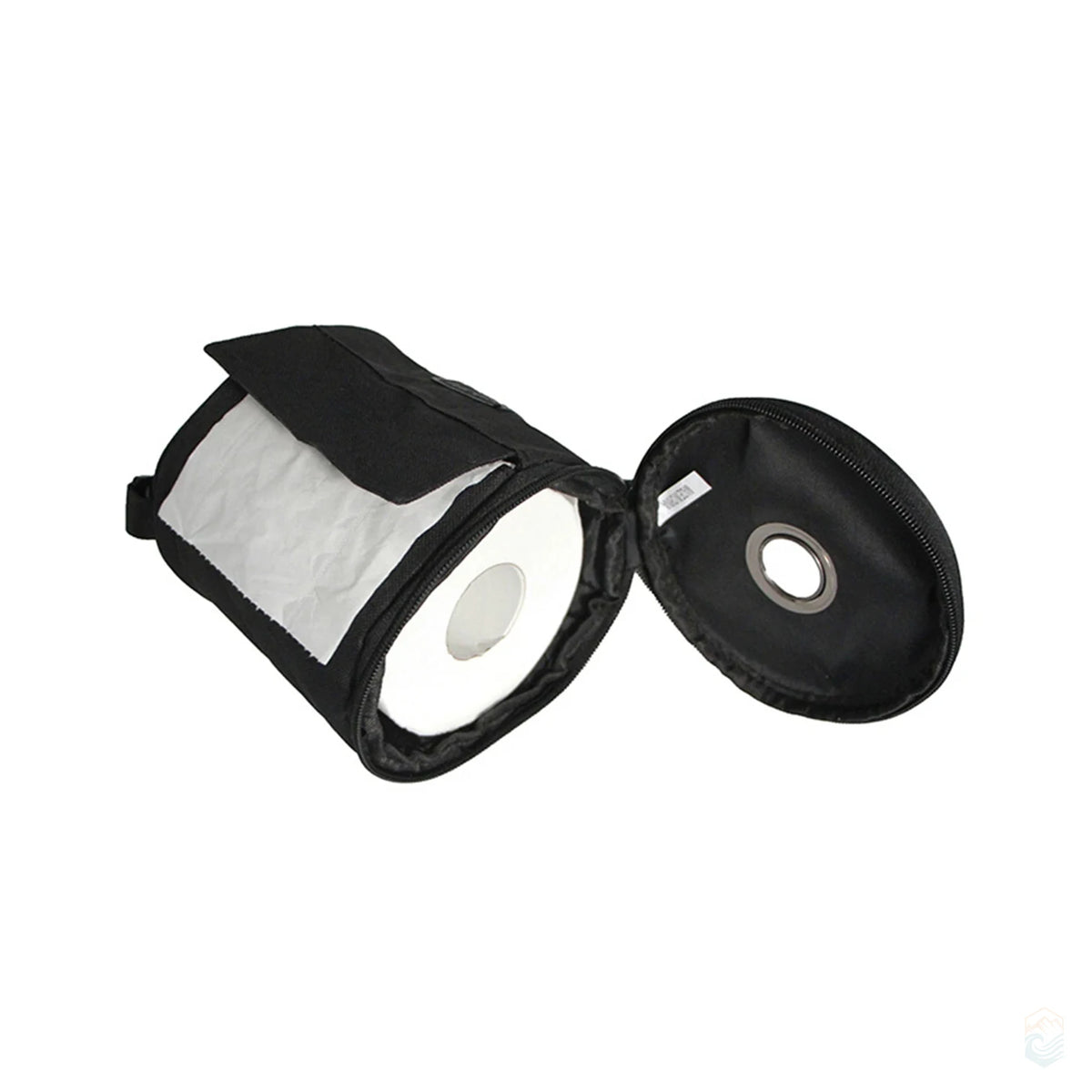 Open black camping toilet-paper storage bag on a white background, showing a roll of tissue inside with the zippered lid flipped open and the dispensing flap ready for use