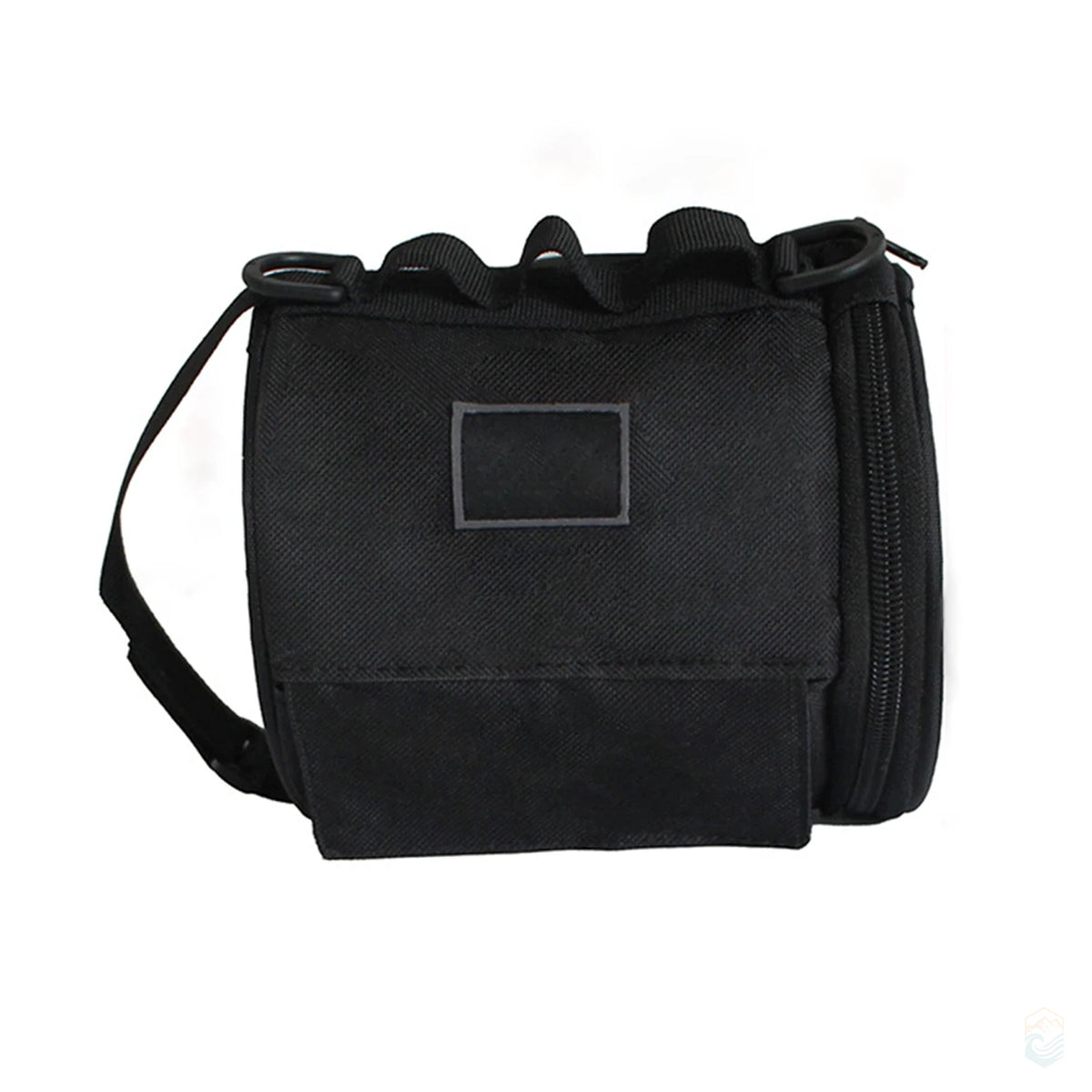 Black outdoor toilet paper storage bag with hanging strap, top loops, and side zippered compartment for camping