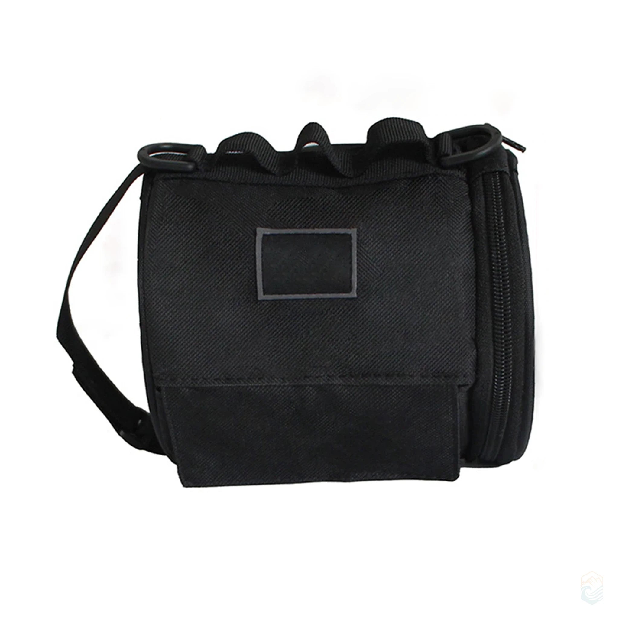 Black outdoor toilet paper storage bag with hanging strap, top loops, and side zippered compartment for camping