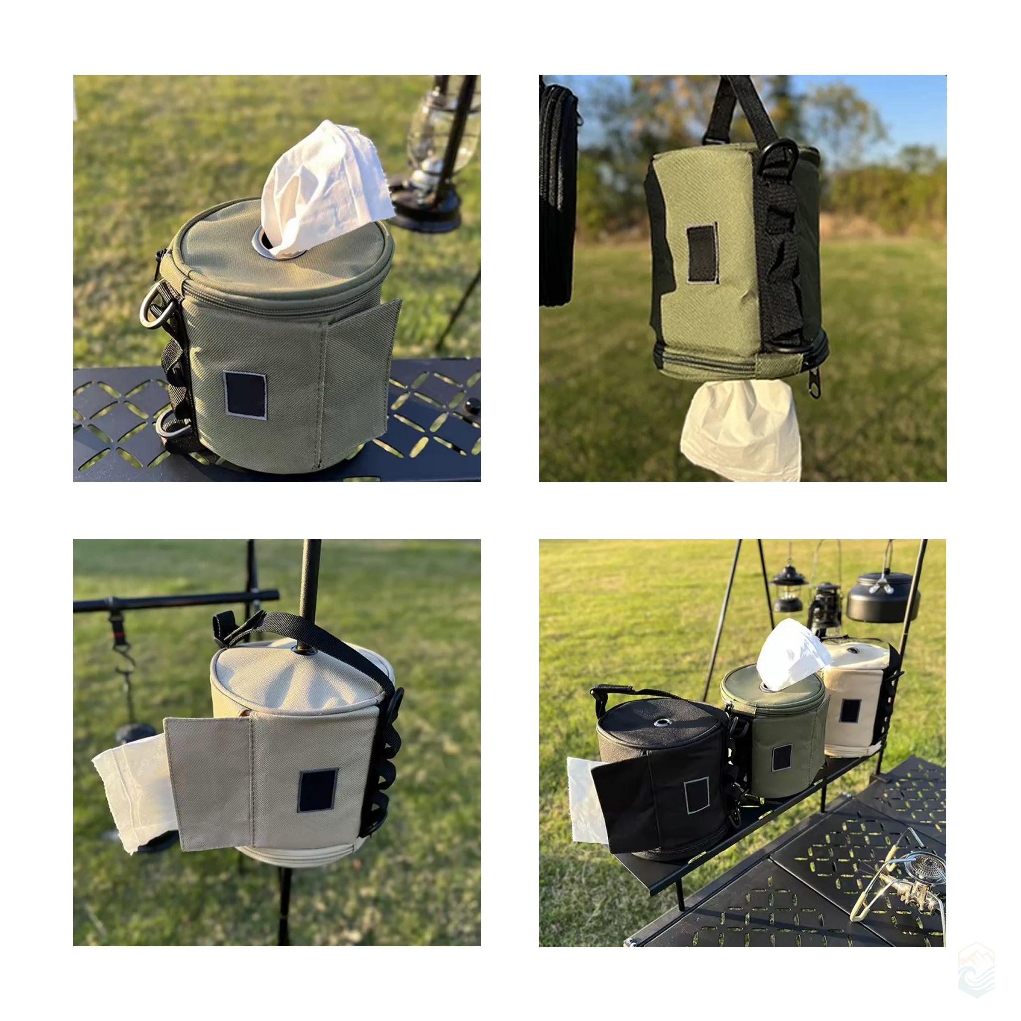 Outdoor toilet paper storage bags in black, khaki, and army green colors shown in use on a camping rack with tissue dispensing and hanging setups