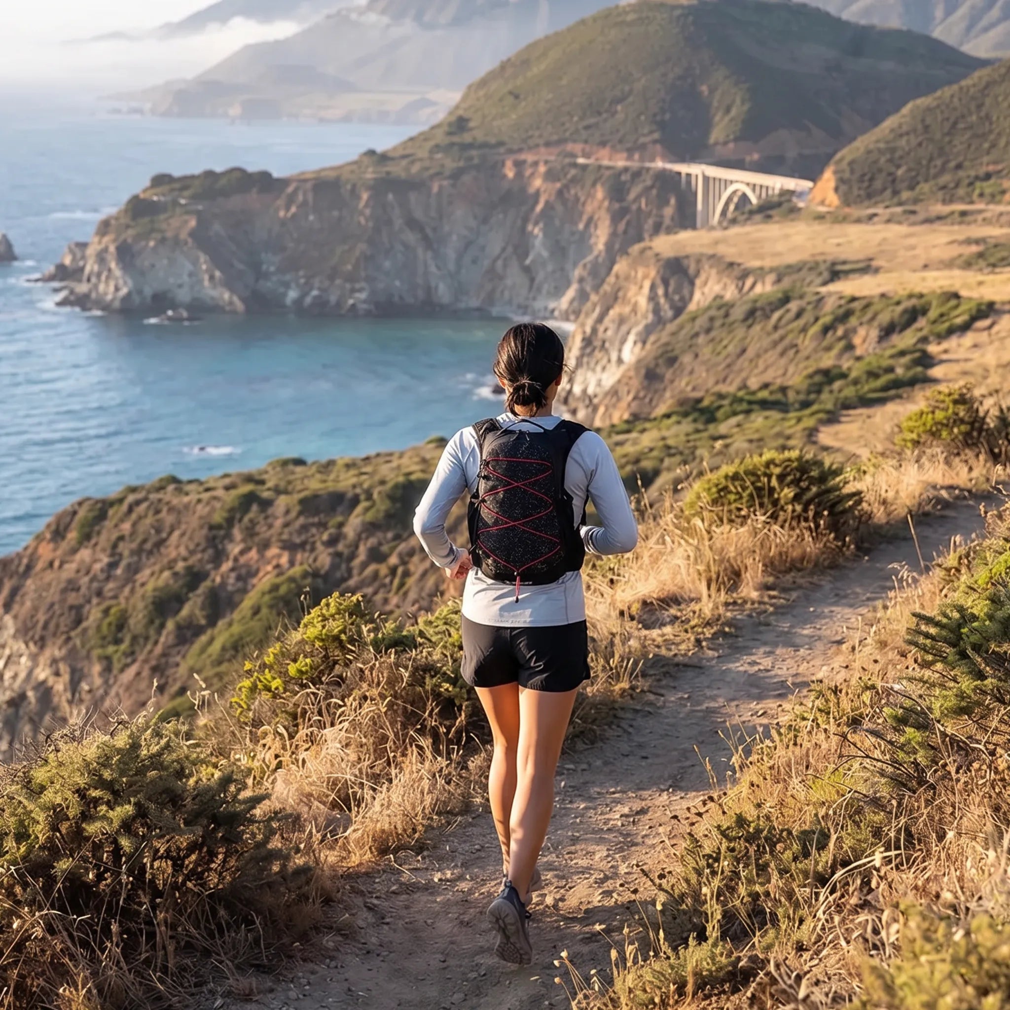 Woman wearing a black Top Speed 20L hydration backpack while hiking on a California coastal trail overlooking the Pacific Ocean.
