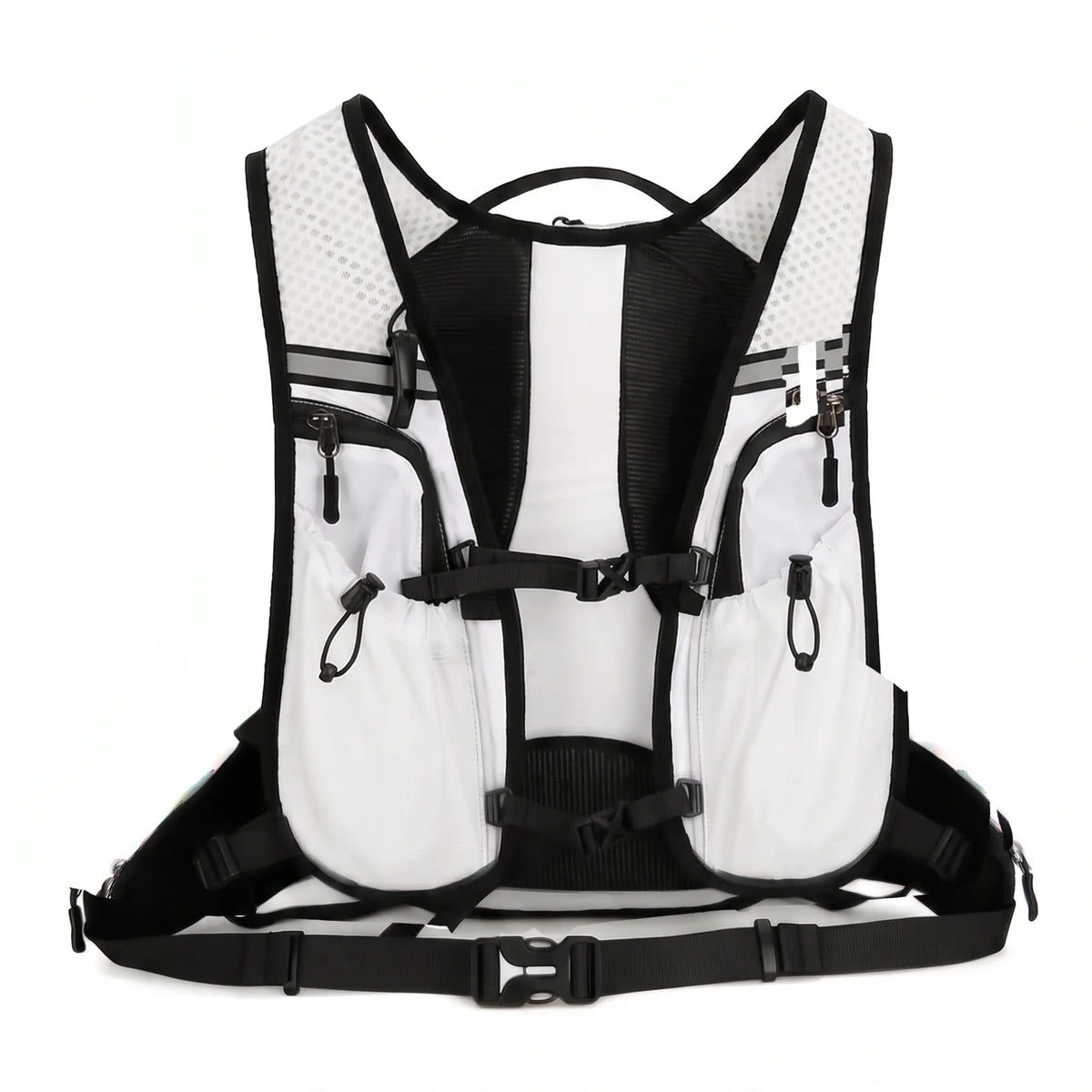 Rear view of white Top Speed 20L hydration backpack showing breathable straps, zippered pockets, reflective details, and phone storage.