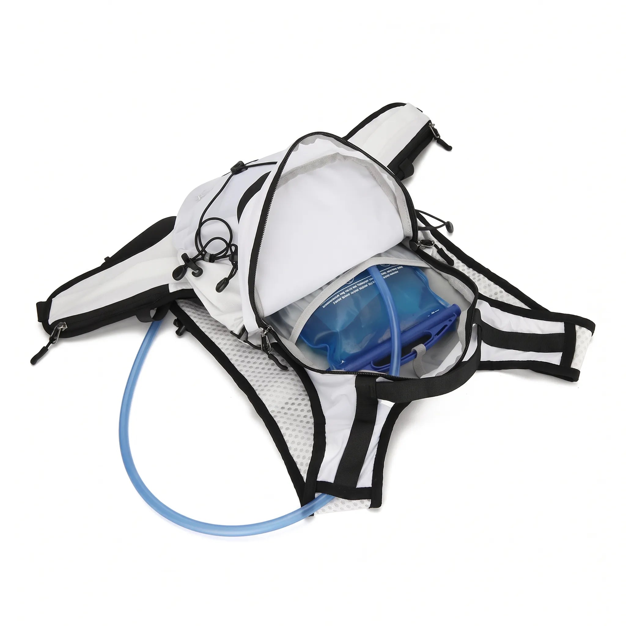 White Top Speed 20L hydration backpack opened to show the internal water bladder compartment and blue drinking tube.