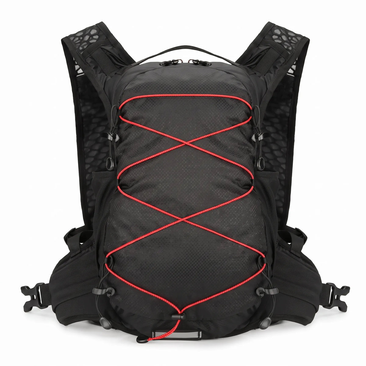 Black Top Speed 20L lightweight hydration backpack with red bungee cords and breathable mesh shoulder straps.