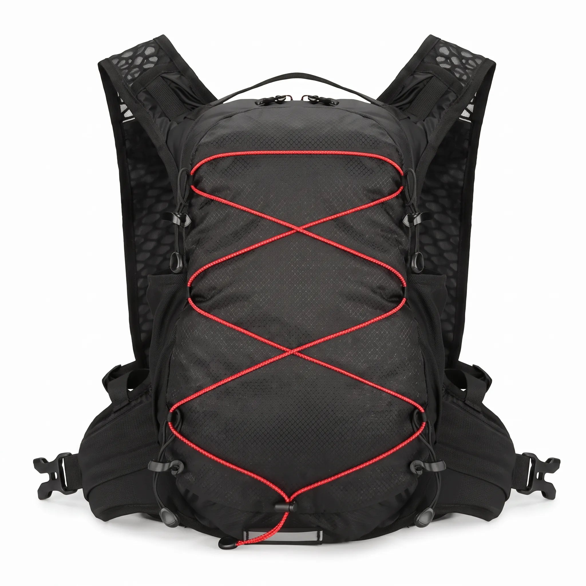 Black Top Speed 20L lightweight hydration backpack with red bungee cords and breathable mesh shoulder straps.