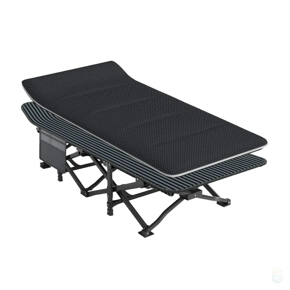 Ultralight folding camping cot with black striped removable cushion and side pocket for outdoor sleeping comfort
