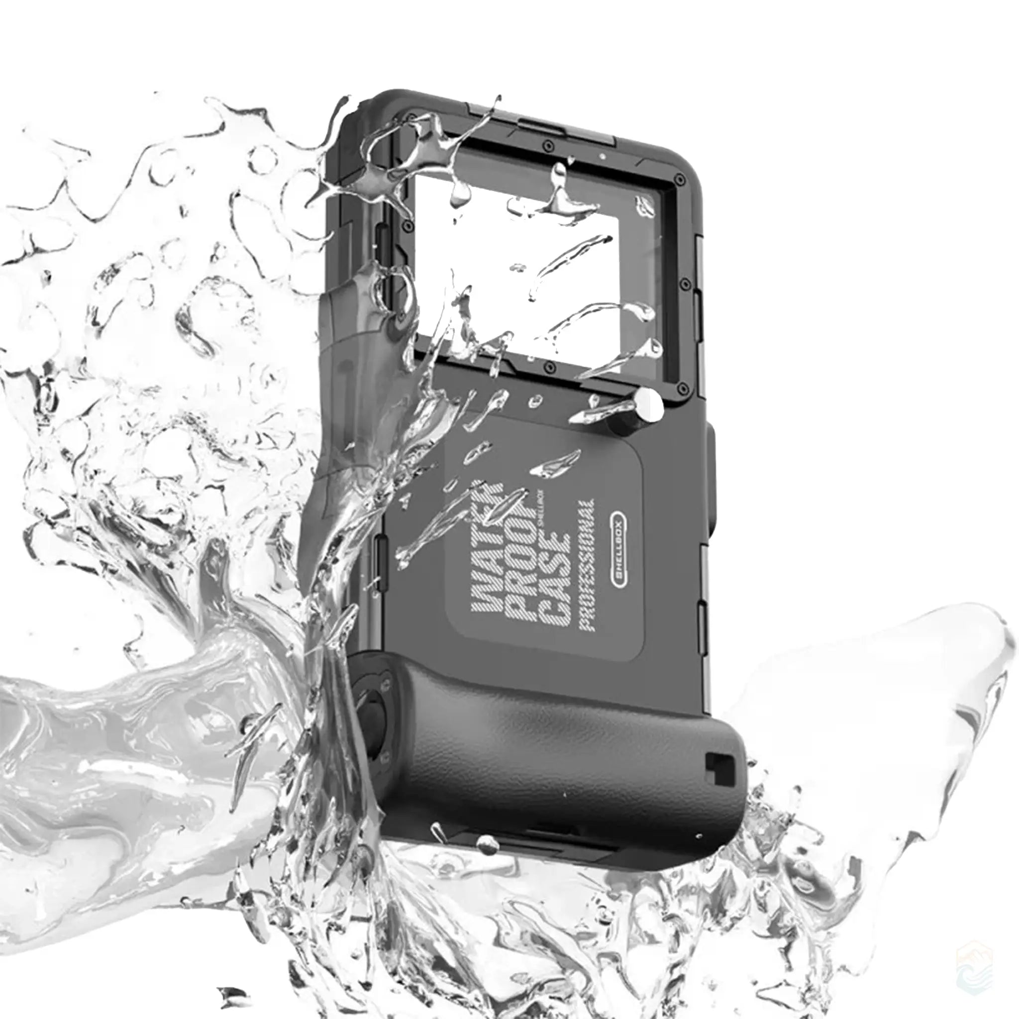 A black waterproof diving case in a dynamic water splash, demonstrating its waterproof capabilities. The case is built for underwater use, featuring a clear front panel and sturdy construction with black accents.