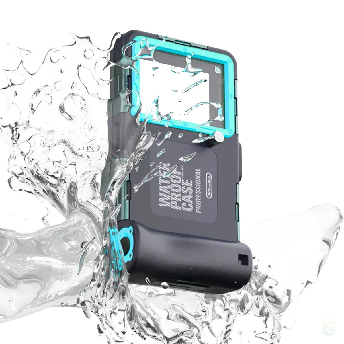 A blue waterproof diving case in action, splashed with water to demonstrate its high level of waterproof protection. The case is designed for underwater activities, featuring a clear front panel, sturdy construction, and blue accents.