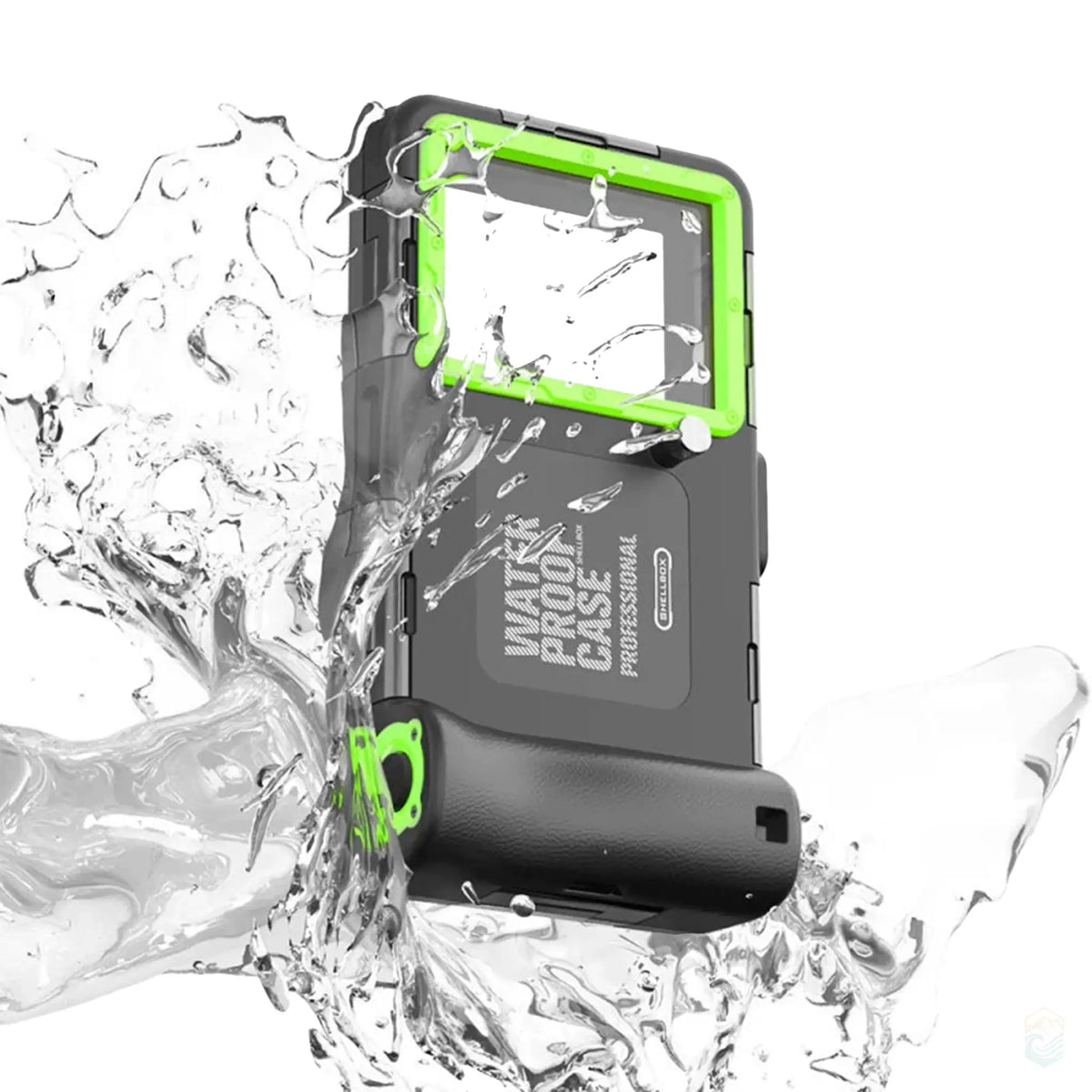 A green waterproof diving case immersed in a dynamic water splash, showcasing its waterproof capabilities. The case is built for underwater use, featuring a clear front panel and sturdy construction with green accents.