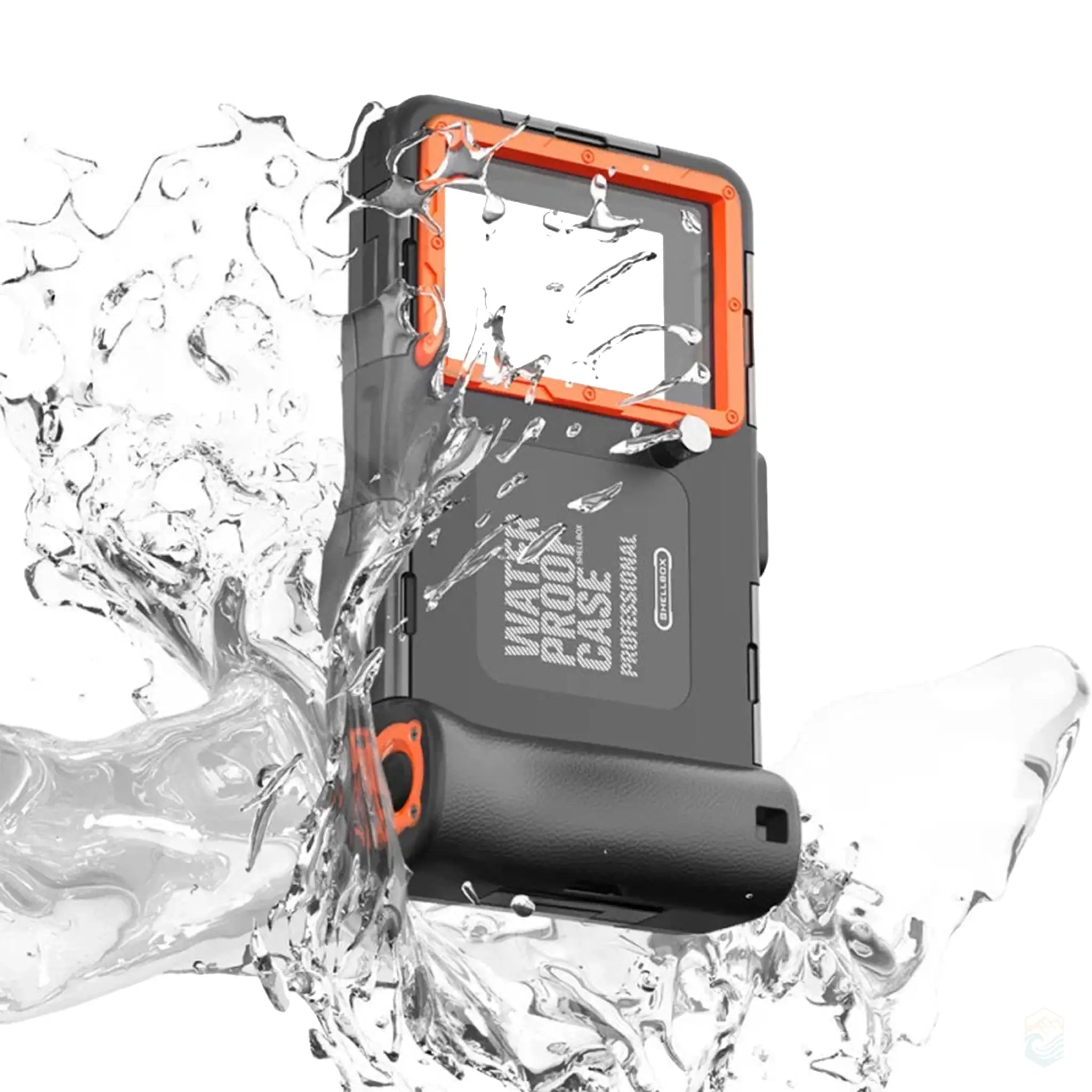 An orange waterproof diving case being splashed with water, highlighting its waterproof design and durability. The case is designed for underwater activities, featuring a clear front panel and rugged construction with orange accents.