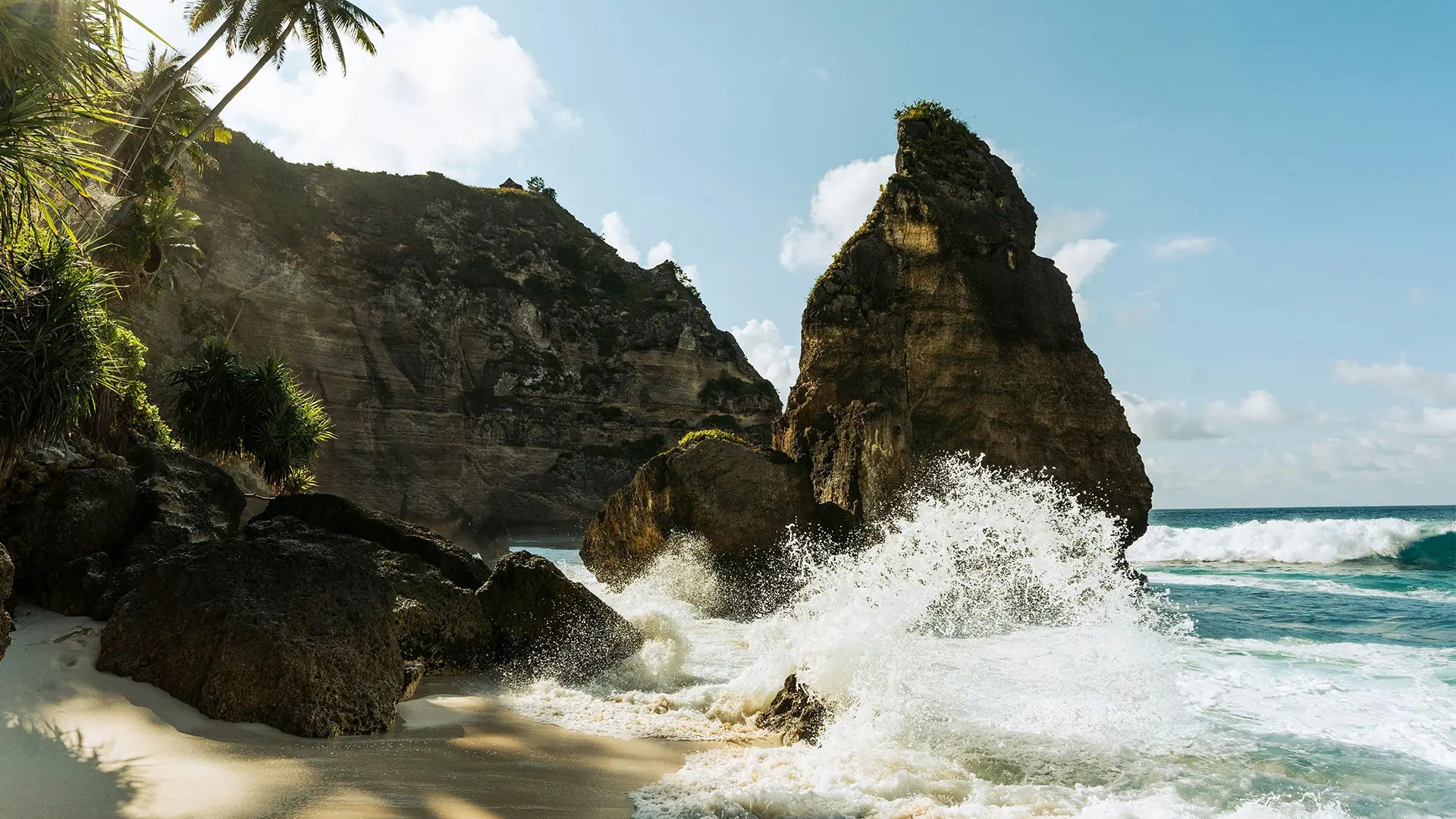 Waves crashing against rocks on a tropical beach, with tall palm trees and cliffs in the background under a clear blue sky.