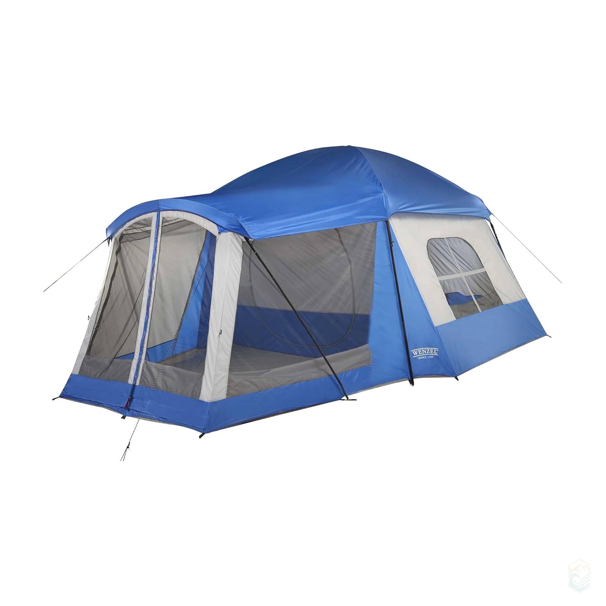 Wenzel Klondike 8-person blue tent with screened porch, large windows, and water-resistant design for family camping