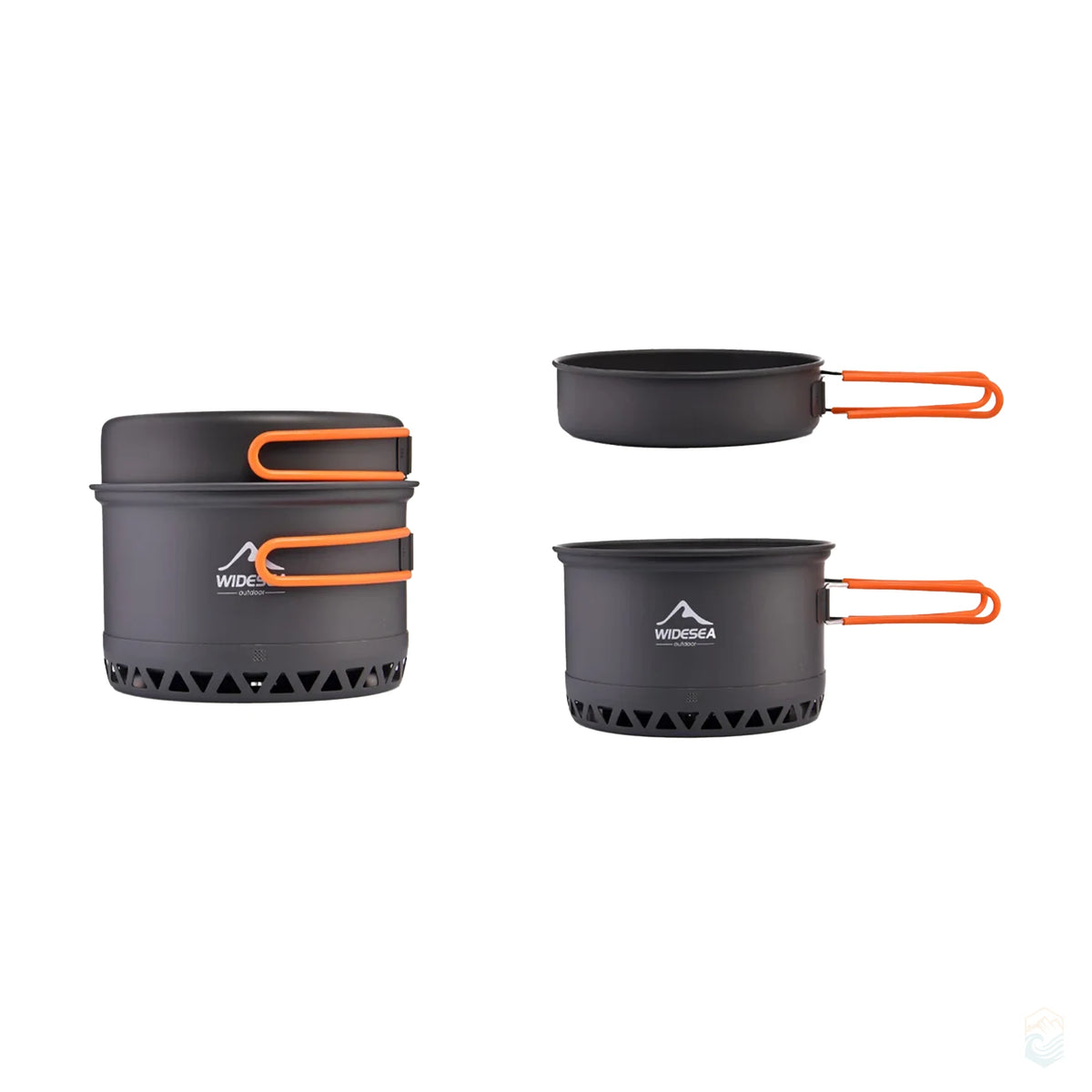 Widesea 2.3L camping cookware set shown stacked and separated, including a heat-exchanger pot and shallow pan, both with foldable orange handles for efficient outdoor cooking