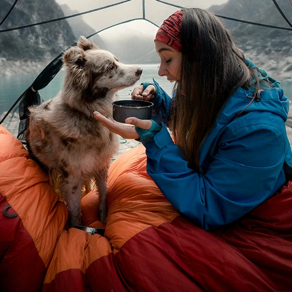 A woman sitting in a tent, sharing a meal with her dog while surrounded by mountains and a lake, wrapped in a sleeping bag on a misty day.