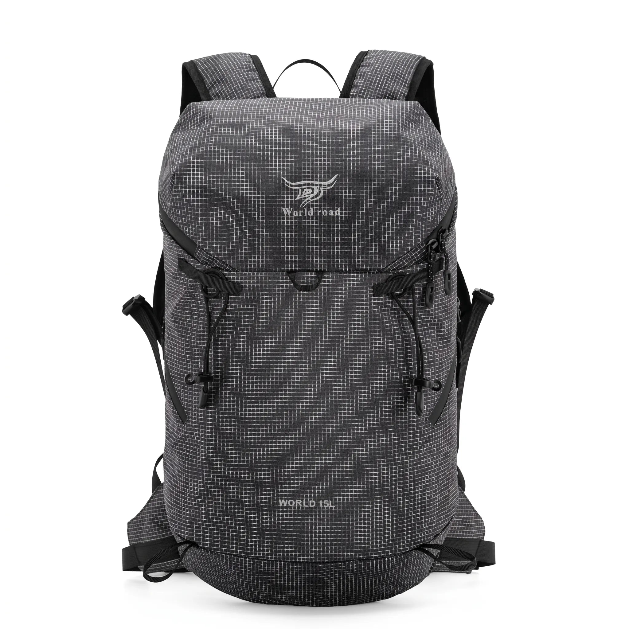 Front view of the World Road 15L Urban Outdoor Hiking Backpack in black with compression cords, adjustable straps, and ripstop-style fabric.