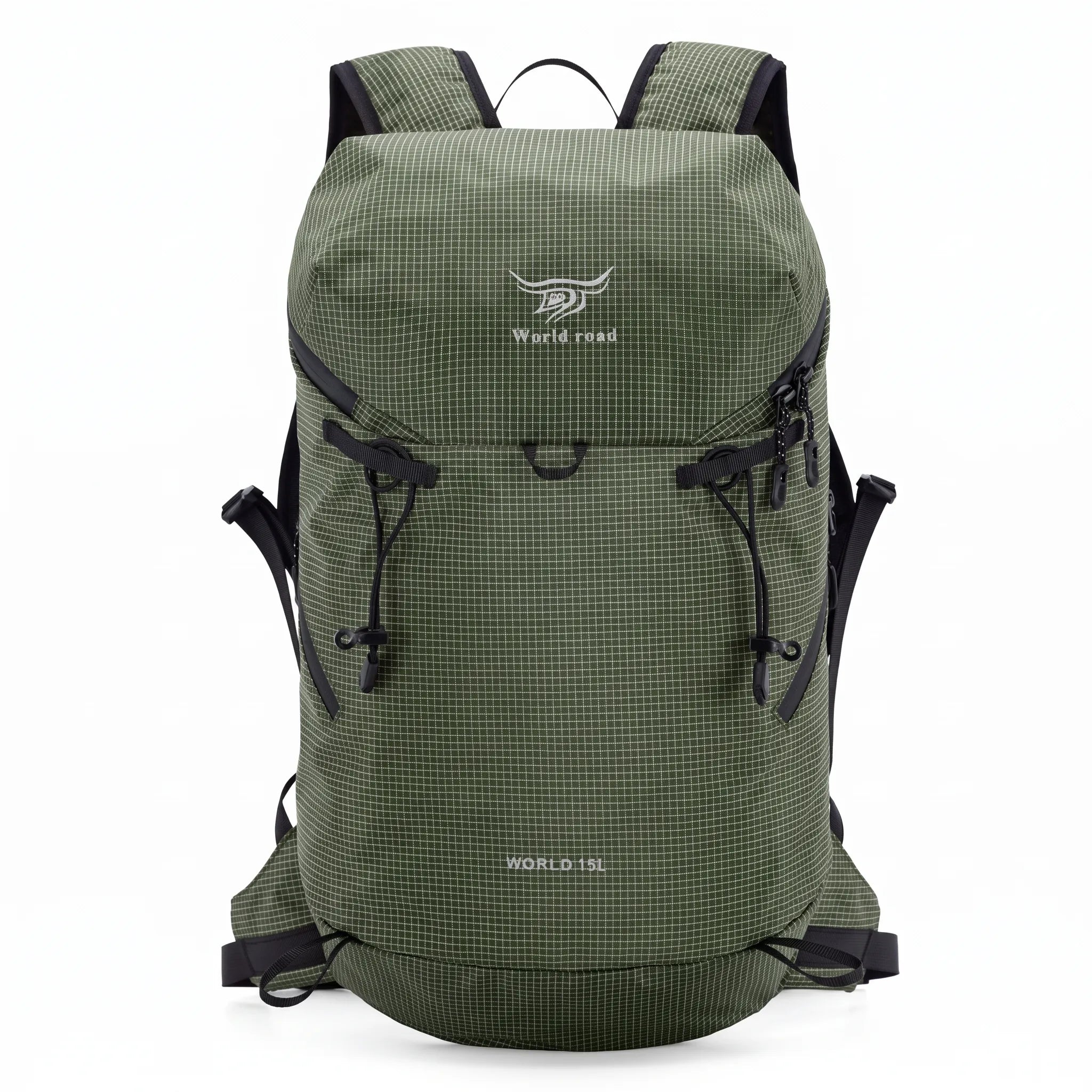Front view of the World Road 15L Urban Outdoor Hiking Backpack in green with black compression cords, adjustable straps, and ripstop-style fabric.