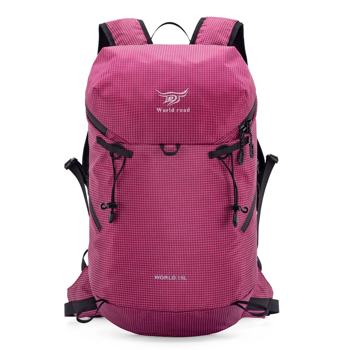 Front view of the World Road 15L Urban Outdoor Hiking Backpack in pink with black compression cords, adjustable straps, and ripstop-style fabric.
