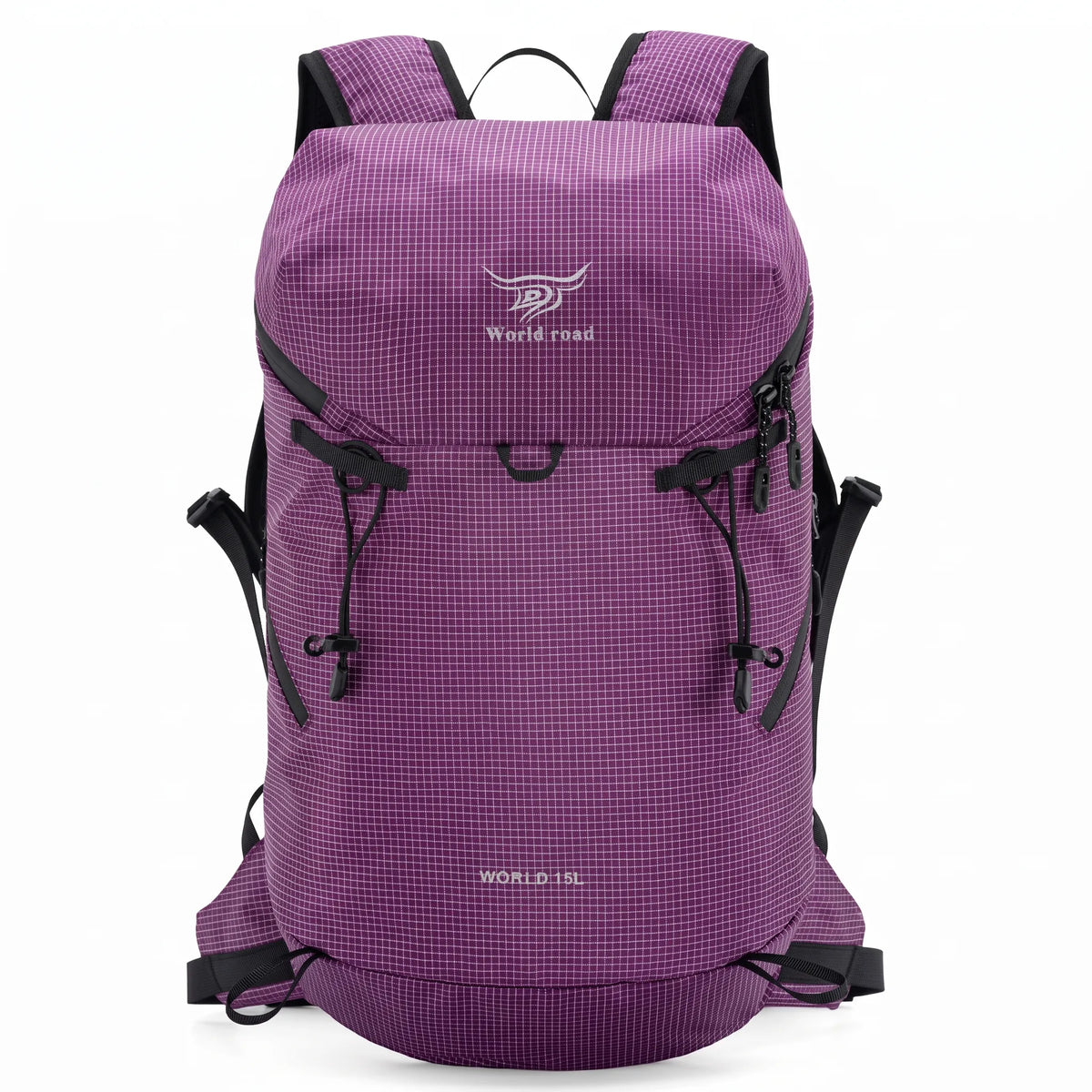 Front view of the World Road 15L Urban Outdoor Hiking Backpack in purple with black compression cords, adjustable straps, and lightweight ripstop-style fabric.