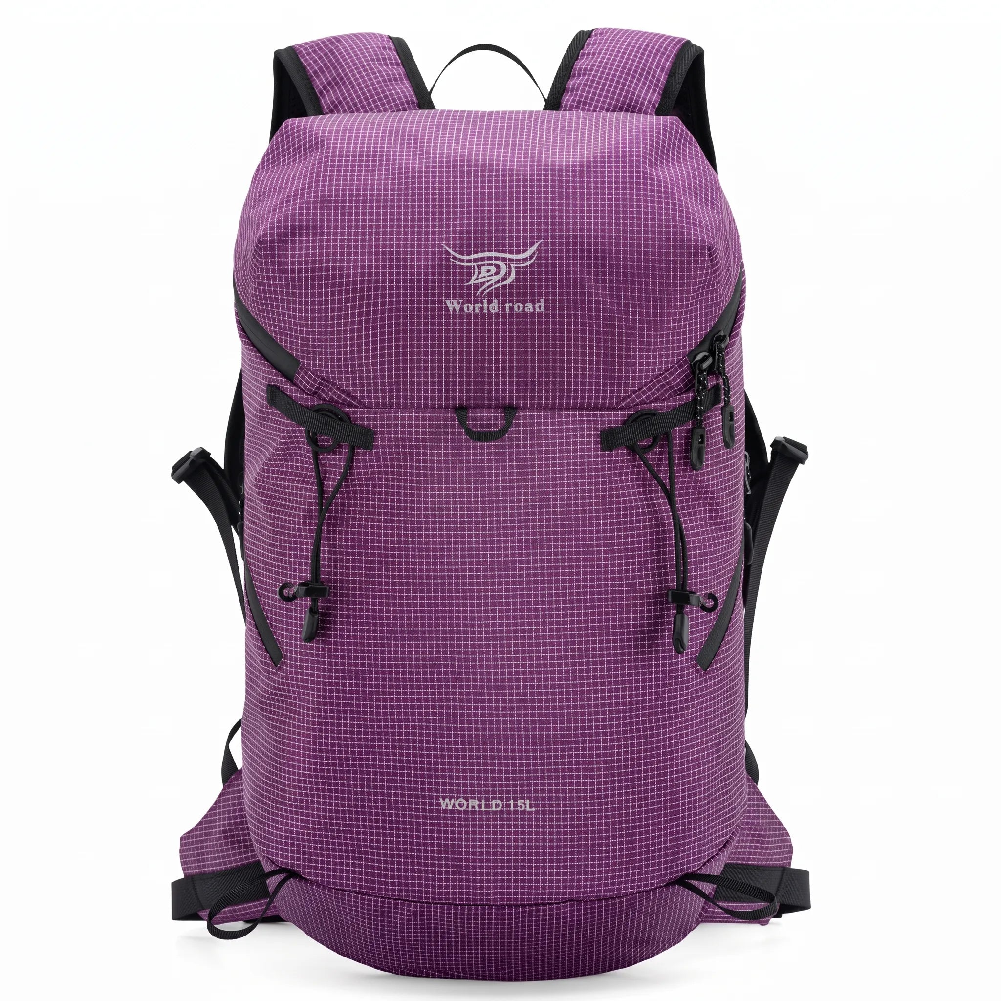 Front view of the World Road 15L Urban Outdoor Hiking Backpack in purple with black compression cords, adjustable straps, and lightweight ripstop-style fabric.