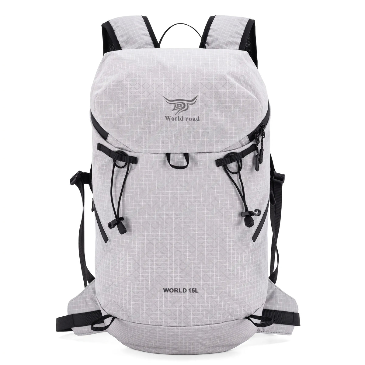 Front view of the World Road 15L Urban Outdoor Hiking Backpack in white with black compression cords, adjustable shoulder straps, and lightweight outdoor design.