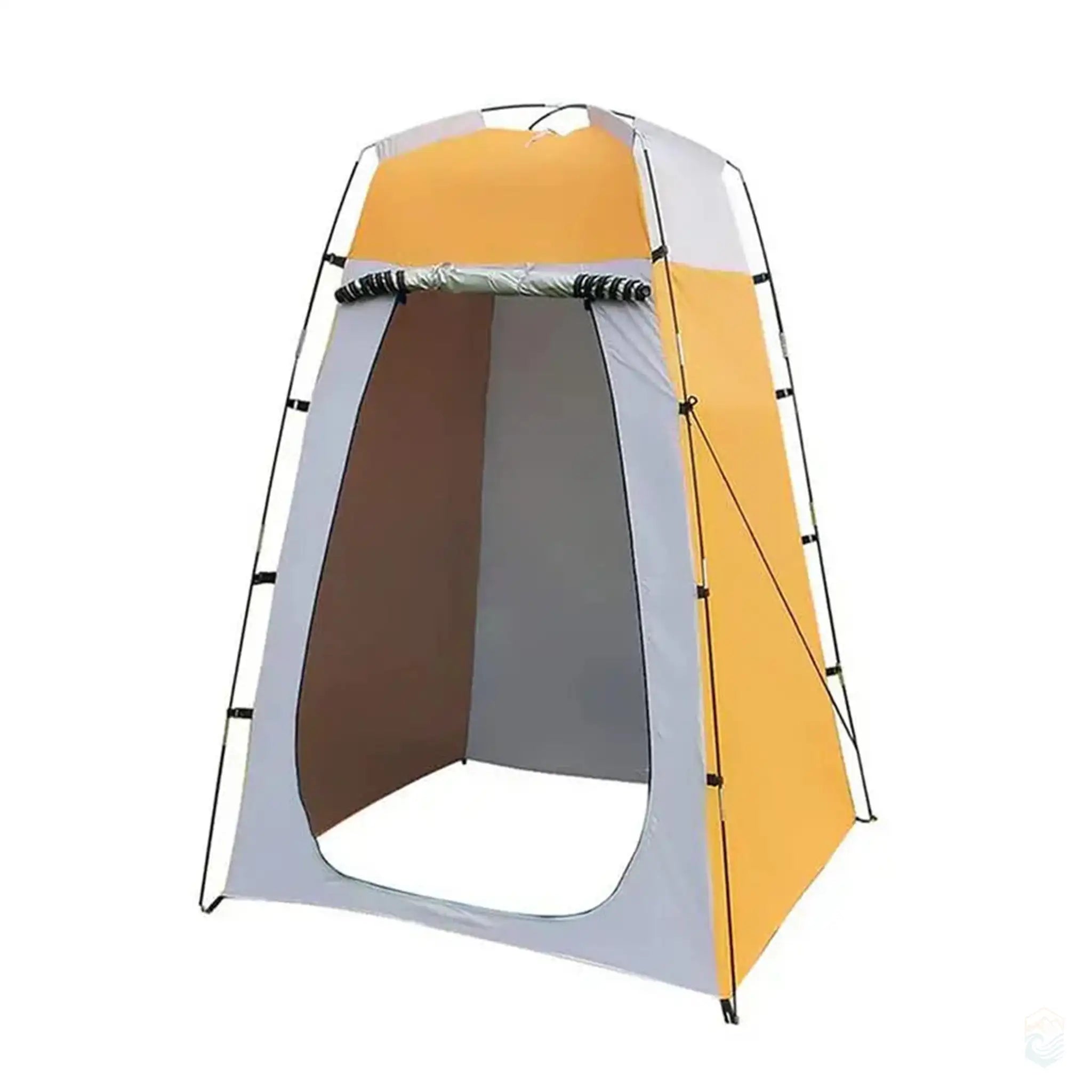 Yellow portable shower tent for camping, showcasing features like quick assembly, waterproof material, UV protection, and anti-voyeur capabilities, designed for convenient and private outdoor use.