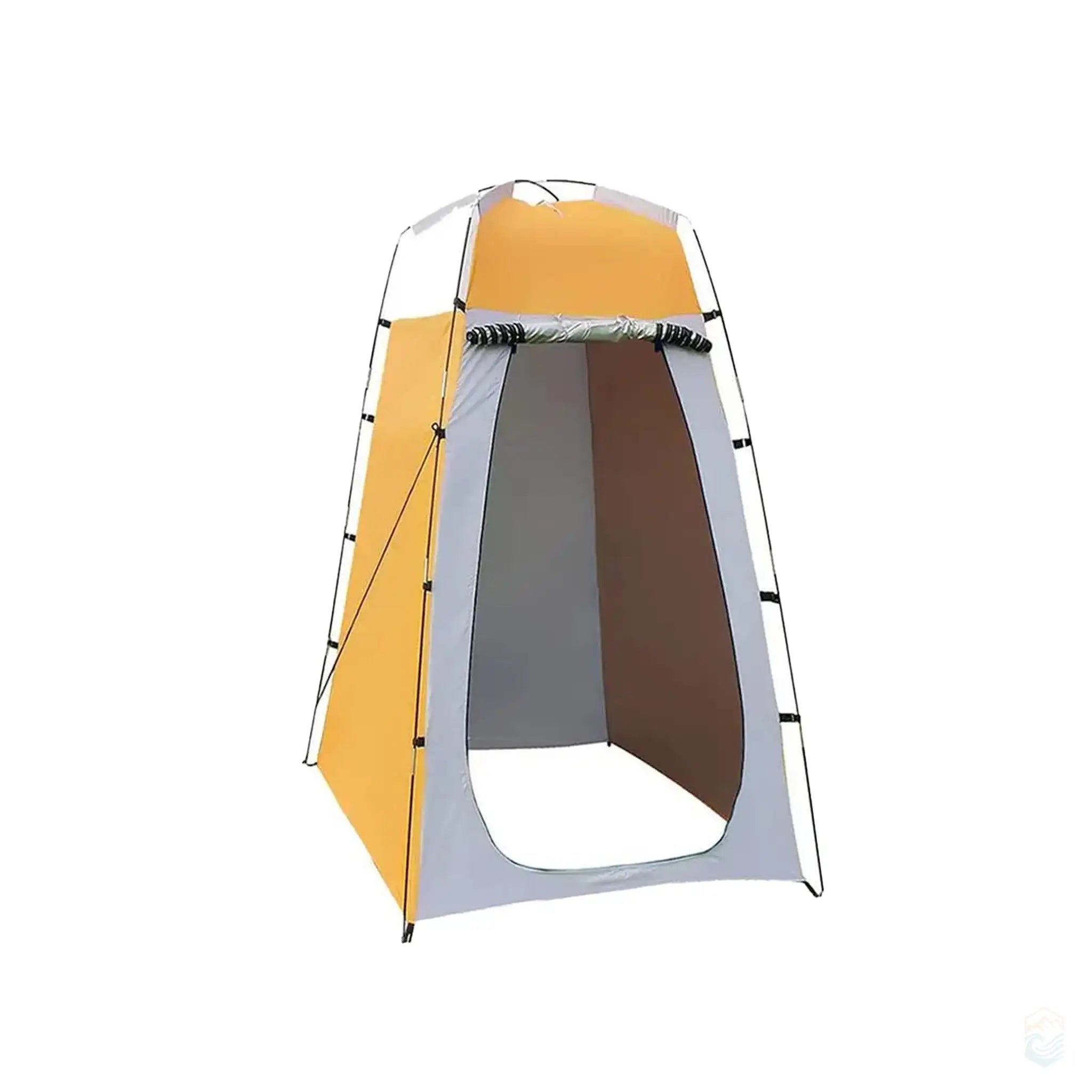 Yellow portable shower tent for outdoor camping, featuring a tall, spacious design with a privacy shelter and an easy-to-assemble frame, shown next to a silhouette for size reference.