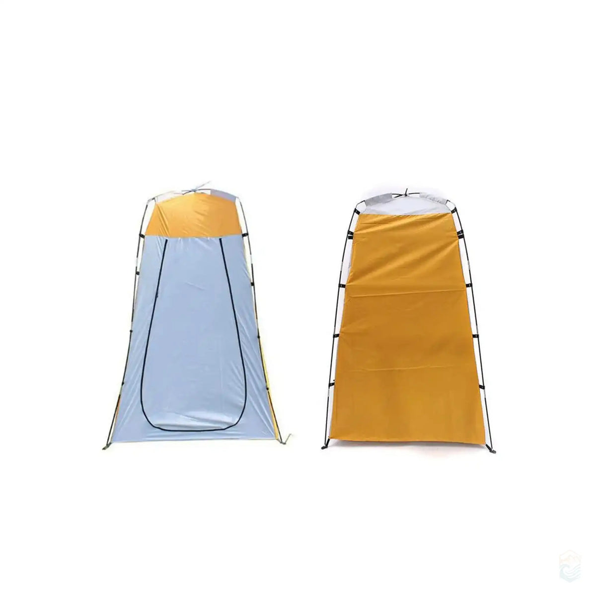 Front and back views of the yellow portable shower tent for camping, highlighting the large entrance and full coverage design for privacy and convenience.